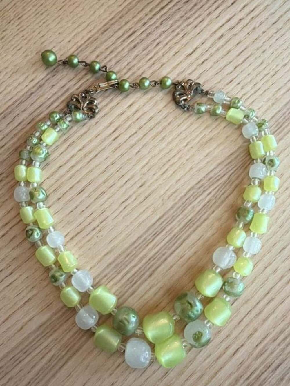 Vintage Lime Green Chartreuse Moonglow and Glass Bead Necklace 16 inch